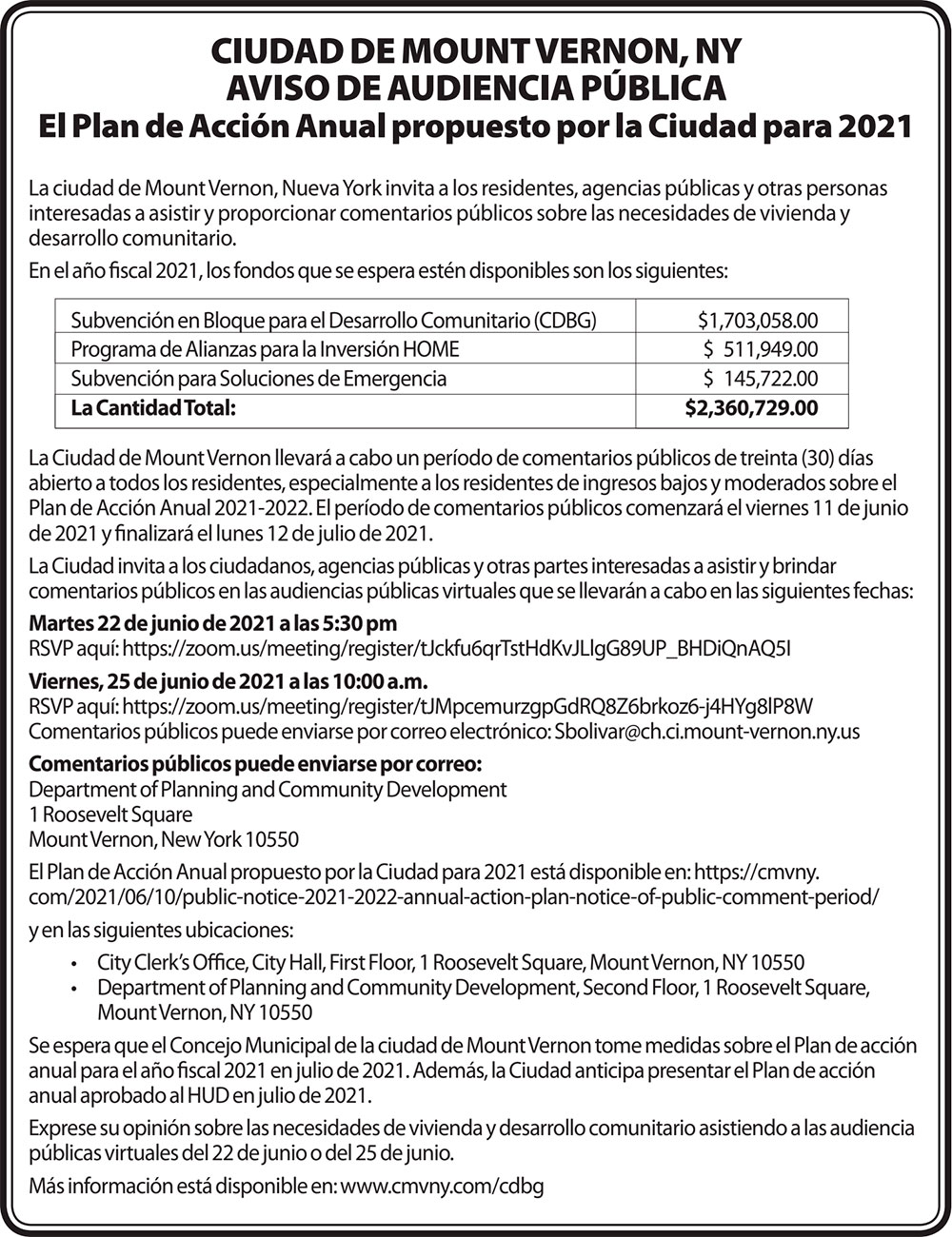 Ciudad de Mount Vernon, NY – Aviso de Audiencia Pública