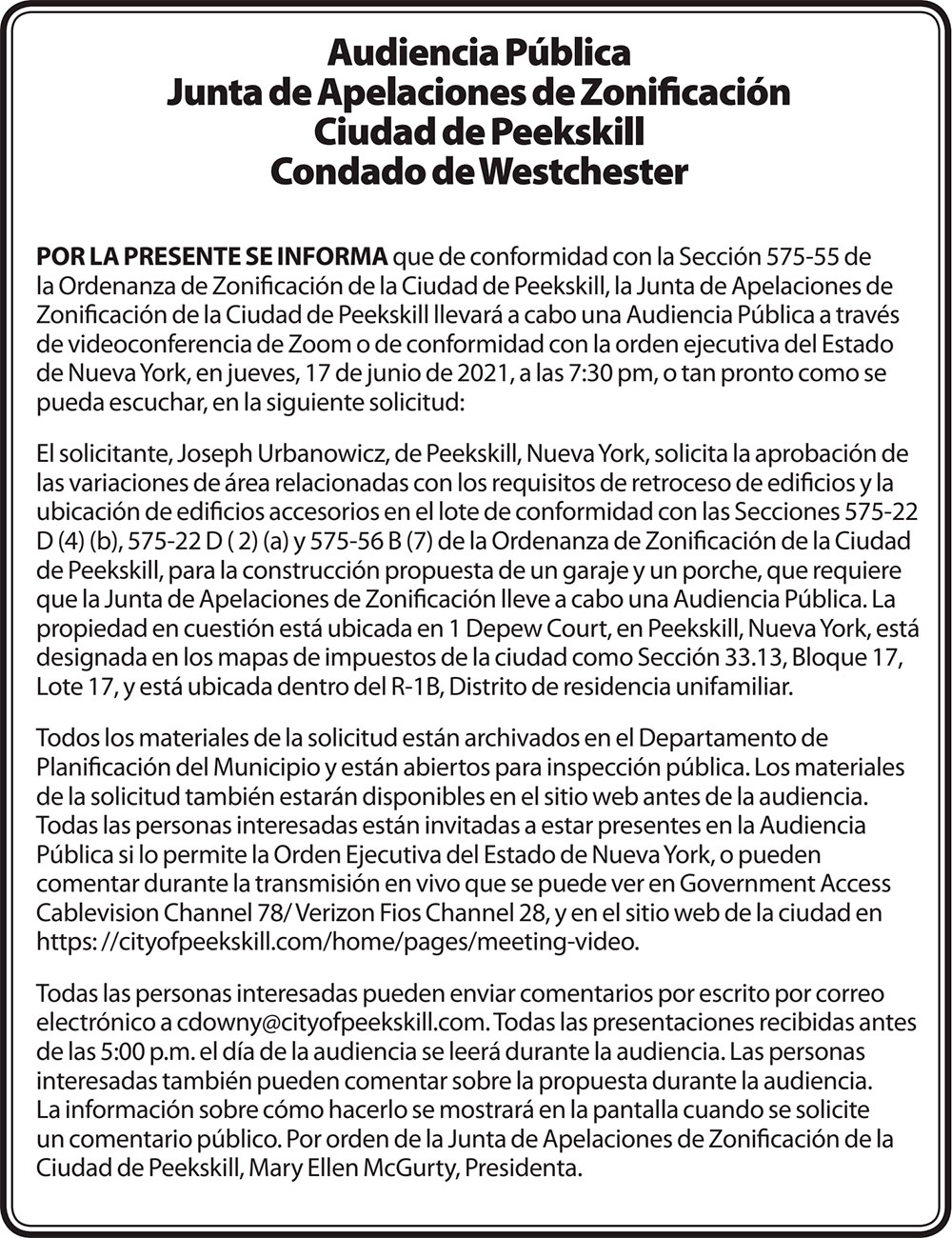 Audiencia Pública – Junta de Apelaciones de Zonificación