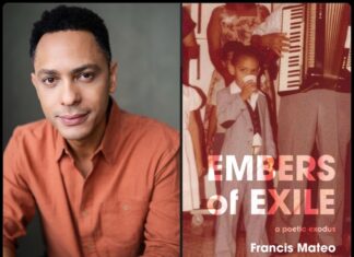El actor, escritor y poeta dominicano con la tapa de su libro Embers of Exile: A Poetic Exodus.